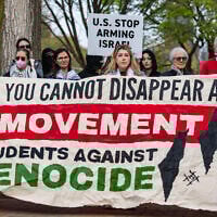 Anti-Israel demonstrators gather on Cambridge Common to protest Harvard's stance on the Israel-Hamas war in Gaza and show support for the Palestinian people, outside Harvard University in Cambridge, Massachusetts, April 25, 2025. (Joseph Prezioso/AFP)