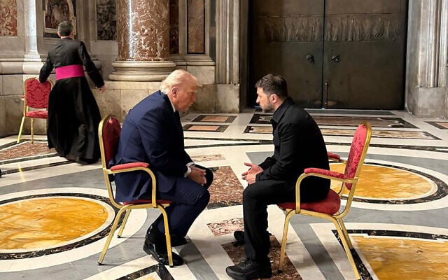In this handout photograph taken and released by the Ukrainian Presidential Press Service on April 26, 2025, Ukraine's President Volodymyr Zelenskyy (R) meets with US President Donald Trump (L) on the sidelines of Pope Francis's funeral at St. Peter's Basilica at the Vatican. (Handout / UKRAINIAN PRESIDENTIAL PRESS SERVICE / AFP)