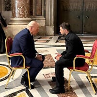 In this handout photograph taken and released by the Ukrainian Presidential Press Service on April 26, 2025, Ukraine's President Volodymyr Zelensky (R) meets with US President Donald Trump (L) on the sidelines of Pope Francis's funeral at St. Peter's Basilica at the Vatican. (Handout/Ukrainian Presidential Press Service/AFP)