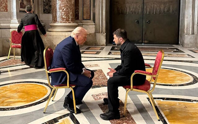In this handout photograph taken and released by the Ukrainian Presidential Press Service on April 26, 2025, Ukraine's President Volodymyr Zelensky (R) meets with US President Donald Trump (L) on the sidelines of Pope Francis's funeral at St. Peter's Basilica at the Vatican. (Handout/Ukrainian Presidential Press Service/AFP)