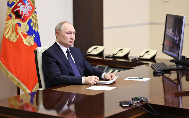 Russia's President Vladimir Putin attends a meeting with Chief of the General Staff of the Russian Armed Forces via video conference at the Novo-Ogaryovo state residence outside Moscow on April 26, 2025. (Alexander KAZAKOV / POOL / AFP)