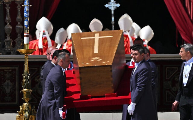 Pallbearers carry the coffin of late Pope Francis at the end of the funeral ceremony at St Peter's Square in the Vatican, on April 26, 2025. (Andreas SOLARO / AFP)
