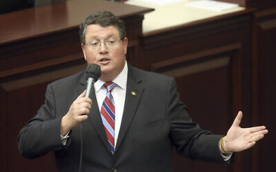 Rep. Randy Fine, R-South Brevard County, closes on a gambling bill during a special session, May 19, 2021, in Tallahassee, Florida. (AP Photo/Steve Cannon)