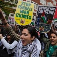 Pro-Palestinian protesters at a demonstration in London on April 5, 2024. (Kin Cheung/AP)