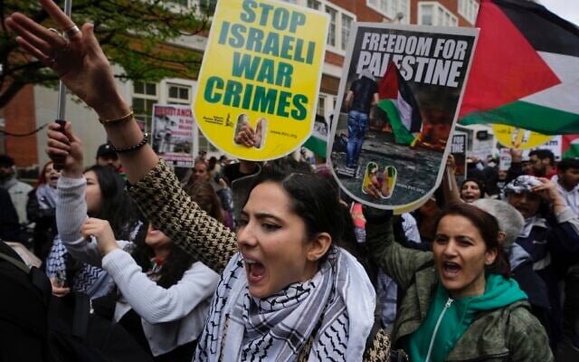 Pro-Palestinian protesters at a demonstration in London on April 5, 2024. (Kin Cheung/AP)