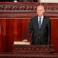 Tunisia's President Kais Saied takes oath, October 21, 2024 in Tunis following his re-election. (Tunisian Presidency via AP)