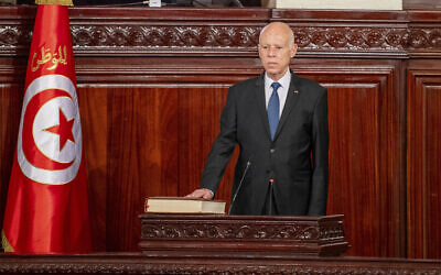 Tunisia's President Kais Saied takes oath, October 21, 2024 in Tunis following his re-election. (Tunisian Presidency via AP)