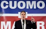 Former New York governor Andrew Cuomo speaks at the New York City District Council of Carpenters while campaigning for mayor of New York City, March 2, 2025. (AP/Julia Demaree Nikhinson)