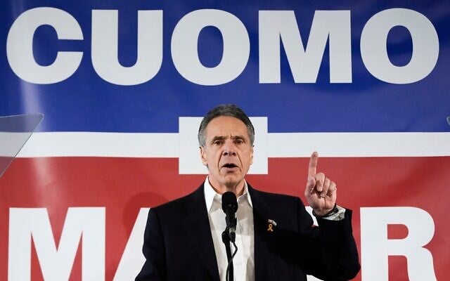 Former New York governor Andrew Cuomo speaks at the New York City District Council of Carpenters while campaigning for mayor of New York City, March 2, 2025. (AP/Julia Demaree Nikhinson) Former New York governor Andrew Cuomo speaks at the New York City District Council of Carpenters while campaigning for mayor of New York City, March 2, 2025. (AP/Julia Demaree Nikhinson)