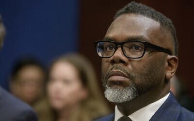 Chicago Mayor Brandon Johnson takes his seat at the witness table during a House Committee on Oversight and Government Reform hearing with Sanctuary City Mayors on Capitol Hill, Wednesday, March 5, 2025, in Washington. (AP Photo/Rod Lamkey, Jr.)