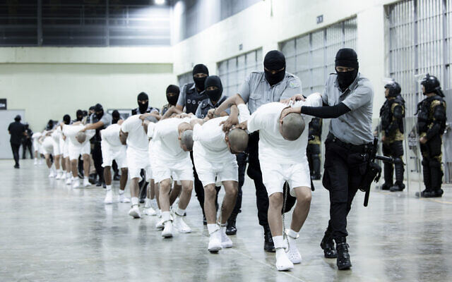 In this photo provided by El Salvador's presidential press office, prison guards transfer deportees from the US, alleged to be Venezuelan gang members, to the Terrorism Confinement Center in Tecoluca, El Salvador, Sunday, March 16, 2025. (El Salvador presidential press office via AP)