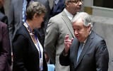 UN Secretary General Antonio Guterres, right, speaks with UK Ambassador to the United Nations UN Ambassador Barbara Woodward before a UN Security Council meeting, March 24, 2025. (AP Photo/Richard Drew)