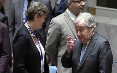 UN Secretary General Antonio Guterres, right, speaks with UK Ambassador to the United Nations UN Ambassador Barbara Woodward before a UN Security Council meeting, March 24, 2025. (AP Photo/Richard Drew)