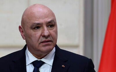 Lebanese President Joseph Aoun attends a joint press conference with French President Emmanuel Macron at the Elysee Palace in Paris, Friday, March 28, 2025. (Sarah Meyssonnier/Pool via AP)
