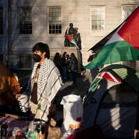 A student protester stands in front of the statue of John Harvard, the first major benefactor of Harvard College, draped in the Palestinian flag, at an encampment of students protesting against the war in Gaza, at Harvard University in Cambridge, Mass., April 25, 2024. (AP Photo/Ben Curtis, File)