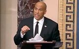 US Senator Cory Booker, a Democrat from New Jersey, speaks on the Senate floor, April 1, 2025. (Senate Television via AP)