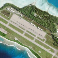 This satellite photo from Planet Labs PBC shows six B-2 stealth bombers parked at Camp Thunder Cove in Diego Garcia on April 2, 2025 (Planet Labs PBC via AP)