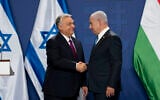 Hungarian Prime Minister Viktor Orban, left, and Prime Minister Benjamin Netanyahu shake hands after a press statement at the Carmelite Monastery in the Buda Castle in Budapest, Hungary, April 3, 2025. (AP/Denes Erdos)