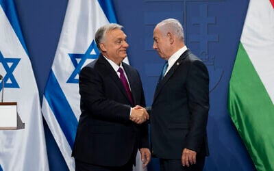 Hungarian Prime Minister Viktor Orban, left, and Prime Minister Benjamin Netanyahu shake hands after a press statement at the Carmelite Monastery in the Buda Castle in Budapest, Hungary, April 3, 2025. (AP/Denes Erdos)