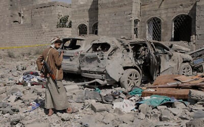 A Yemeni inspects the damage reportedly caused by US airstrikes in Sanaa, Yemen, April 7, 2025. (AP Photo)