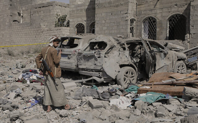 A Yemeni inspects the damage reportedly caused by US airstrikes in Sanaa, Yemen, April 7, 2025. (AP Photo) A Yemeni inspects the damage reportedly caused by US airstrikes in Sanaa, Yemen, April 7, 2025. (AP Photo)