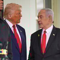 US President Donald Trump, left, greets Israel's Prime Minister Benjamin Netanyahu at the White House, April 7, 2025, in Washington. (AP/Evan Vucci)
