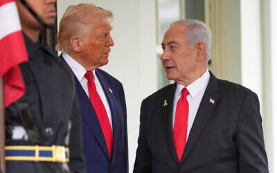 US President Donald Trump, left, greets Israel's Prime Minister Benjamin Netanyahu at the White House, April 7, 2025, in Washington. (AP/Evan Vucci)
