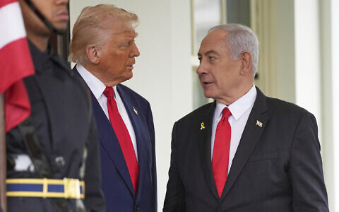 US President Donald Trump, left, greets Israel's Prime Minister Benjamin Netanyahu at the White House, April 7, 2025, in Washington. (AP/Evan Vucci)