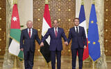 Egyptian President Abdel-Fattah el-Sissi, center, his French counterpart Emmanuel Macron, right, and King Abdullah II of Jordan pose after their meeting at the Presidential Palace in Cairo, Monday, April 7, 2025. (Egyptian Presidency Media Office via AP)