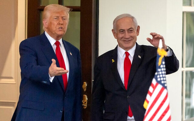 US President Donald Trump, left, Prime Minister Benjamin Netanyahu wave as the premier leaves the West Wing of the White House, in Washington, April 7, 2025. (AP Photo/Mark Schiefelbein) US President Donald Trump, left, Prime Minister Benjamin Netanyahu wave as the premier leaves the West Wing of the White House, in Washington, April 7, 2025. (AP Photo/Mark Schiefelbein)