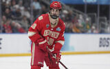 Denver's Zeev Buium in action during the second period in a semifinal game in the NCAA Frozen Four men's college hockey tournament against Western Michigan  in St. Louis on April 10, 2025. (AP/Jeff Roberson)