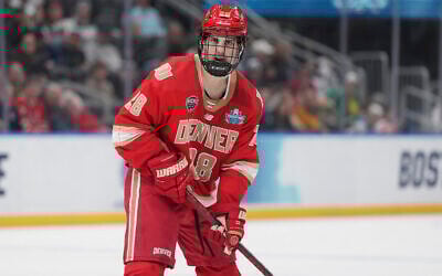 Denver's Zeev Buium in action during the second period in a semifinal game in the NCAA Frozen Four men's college hockey tournament against Western Michigan  in St. Louis on April 10, 2025. (AP/Jeff Roberson)