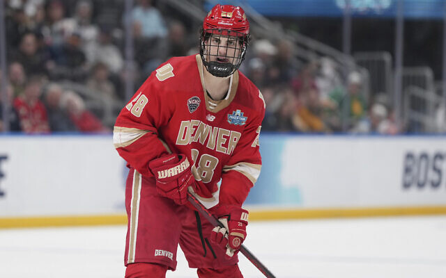 Denver's Zeev Buium in action during the second period in a semifinal game in the NCAA Frozen Four men's college hockey tournament against Western Michigan in St. Louis on April 10, 2025. (AP/Jeff Roberson) Denver's Zeev Buium in action during the second period in a semifinal game in the NCAA Frozen Four men's college hockey tournament against Western Michigan in St. Louis on April 10, 2025. (AP/Jeff Roberson)