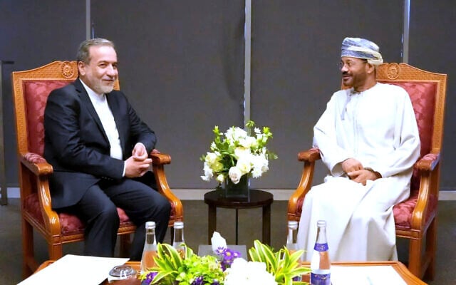 Iranian Foreign Minister Abbas Araghchi, left, meets his Omani counterpart Sayyid Badr Albusaidi prior to negotiations with US Mideast envoy Steve Witkoff in Muscat, Oman, April 12, 2025. (Iranian Foreign Ministry via AP) Iranian Foreign Minister Abbas Araghchi, left, meets his Omani counterpart Sayyid Badr Albusaidi prior to negotiations with US Mideast envoy Steve Witkoff in Muscat, Oman, April 12, 2025. (Iranian Foreign Ministry via AP)