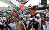 Protesters condemn Israel's actions in the Gaza Strip, at a rally in Bangladesh's capital Dhaka, Bangladesh, April 12, 2025. (AP Photo/Mahmud Hossain Opu)