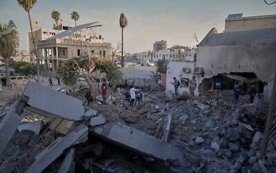 The outpatient and laboratory wards of the Al-Ahli Hospital in the aftermath of a strike that Israel says targeted a Hamas command center at the Al-Ahli Hospital in Gaza City, in the Strip's north, April 13, 2025. (AP Photo/Jehad Alshrafi)