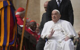 Pope Francis arrives at the end of the mass on Palm Sunday in St. Peter's Square at The Vatican, April 13, 2025. (AP Photo/Gregorio Borgia)