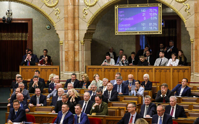 Hungary’s parliament has passed an amendment to the constitution that allows the government to ban public events by LGBTQ+ communities, in Budapest, Hungary, Monday, April 14, 2025. (Robert Hegedus/MTI via AP) Hungary’s parliament has passed an amendment to the constitution that allows the government to ban public events by LGBTQ+ communities, in Budapest, Hungary, Monday, April 14, 2025. (Robert Hegedus/MTI via AP)