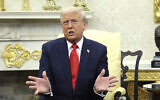 US President Donald Trump speaks during a meeting with El Salvador's President Nayib Bukele (not in picture) in the Oval Office of the White House in Washington, April 14, 2025. (Pool via AP)