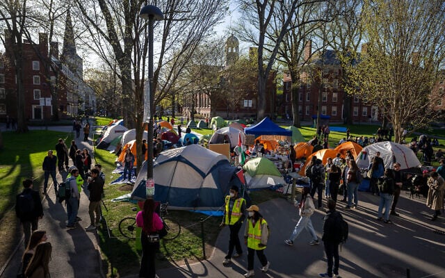 File — An anti-Israel protest encampment is seen at Harvard Yard, at Harvard University in Cambridge, Massachusetts on April 25, 2024. (AP Photo/Ben Curtis) File — An anti-Israel protest encampment is seen at Harvard Yard, at Harvard University in Cambridge, Massachusetts on April 25, 2024. (AP Photo/Ben Curtis)