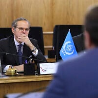Rafael Mariano Grossi, director general of the UN International Atomic Energy Agency, attends a meeting with the head of the Atomic Energy Organization of Iran Mohammad Eslami, in Tehran, Iran, April 17, 2025. (Atomic Energy Organization of Iran via AP)