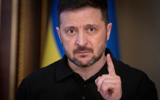 Ukrainian President Volodymyr Zelensky speaks during a briefing in Kyiv, Ukraine, April 17, 2025. (Efrem Lukatsky/AP)