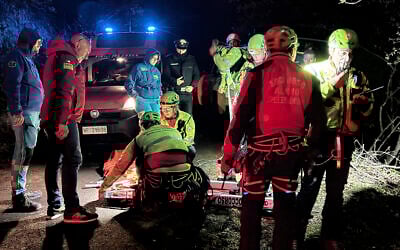 Rescuers on the site where a cable car carrying tourists south of Naples has crashed after the cable snapped, killing at least four people and injuring one in Castellamare di Stabia, near Naples, Italy, April 17, 2025. (Alessandro Garofalo/LaPresse via AP)