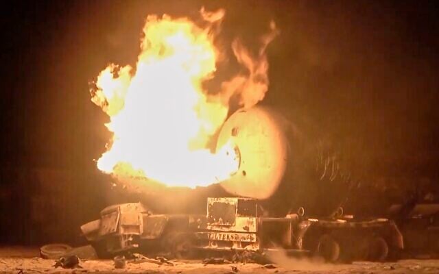 In this photo taken from video released by Al Masirah TV channel shows a burning oil tanker after US airstrikes targeted the Ras Isa oil port held by the Iran-backed Houthi rebels in Hodeida, Yemen, April 18, 2025.( Al Masirah TV via AP)