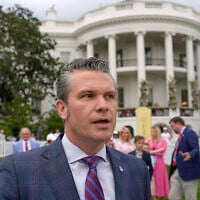 US Defense Secretary Pete Hegseth speaks on the South Lawn of the White House before US President Donald Trump and first lady Melania Trump participate in the White House Easter Egg Roll, in Washington, April 21, 2025. (Alex Brandon/AP)