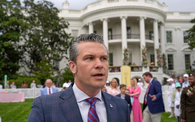 US Defense Secretary Pete Hegseth speaks on the South Lawn of the White House before US President Donald Trump and first lady Melania Trump participate in the White House Easter Egg Roll, in Washington, April 21, 2025. (Alex Brandon/AP) US Defense Secretary Pete Hegseth speaks on the South Lawn of the White House before US President Donald Trump and first lady Melania Trump participate in the White House Easter Egg Roll, in Washington, April 21, 2025. (Alex Brandon/AP)