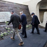 Representatives of the Jewish community lay flowers at the monument commemorating victims of a World War II concentration camp in Jasenovac, Croatia, April 22, 2025. (AP)