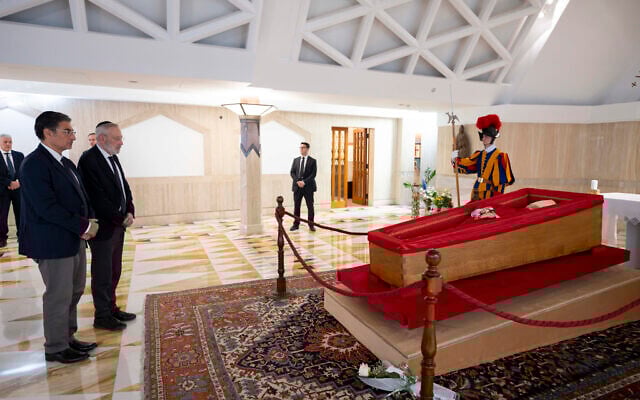 From left, Victor Fadlun, president of Rome's Jewish Community, and Riccardo Di Segni, chief rabbi, pay their respects to Pope Francis's body, laid out in state inside his private chapel at the Vatican on Tuesday, April 22, 2025. (Vatican Media via AP, HO) From left, Victor Fadlun, president of Rome's Jewish Community, and Riccardo Di Segni, chief rabbi, pay their respects to Pope Francis's body, laid out in state inside his private chapel at the Vatican on Tuesday, April 22, 2025. (Vatican Media via AP, HO)