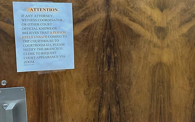 A sign is posted outside Judge Hannah Dugan courtroom at the Milwaukee County courthouse, on April 25, 2025 in Milwaukee. (Scott Bauer via AP)