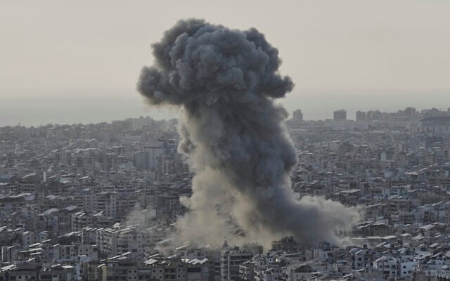 Smoke rises following an Israeli airstrike on Dahiyeh in the southern suburb of Beirut, Lebanon, April 27, 2025. (AP/Bilal Hussein)